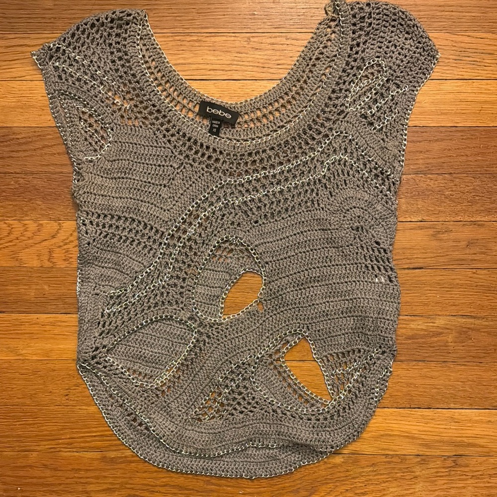 Bebe Gray Crochet Knit & Metal Distressed Top